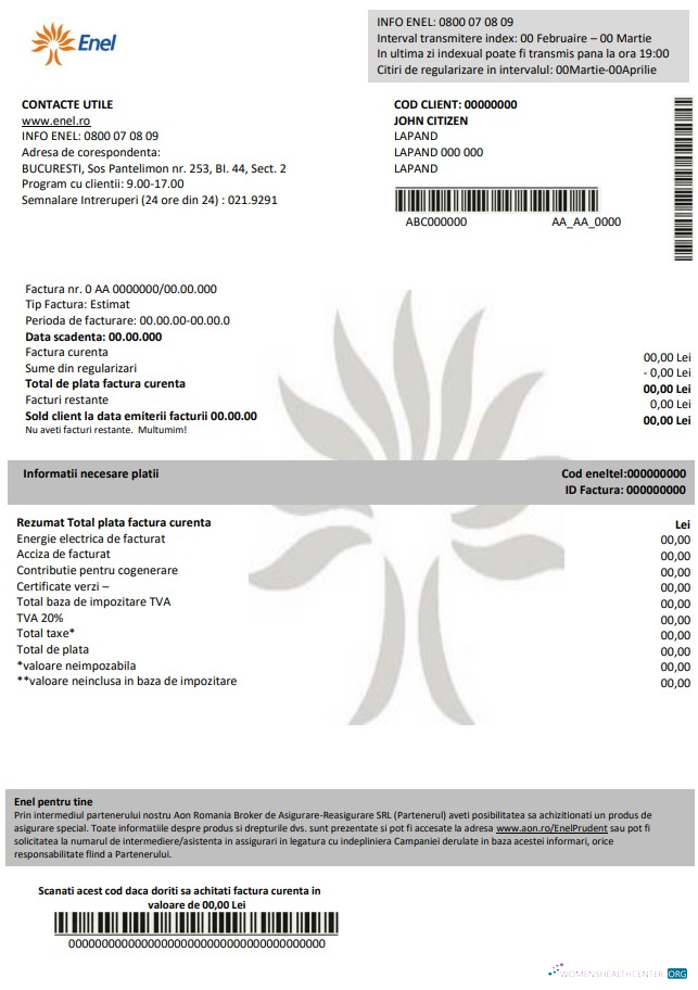 Romania Enel electricity proof of address utility bill template in Word and PDF format (.doc and .pdf)